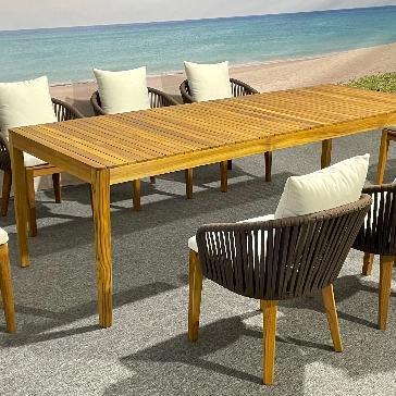 Set da pranzo da giardino con sedia in corda, tavolo rettangolare in teak di grandi dimensioni